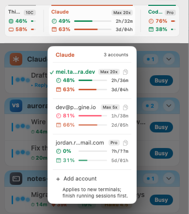 The Claude account panel open below the header: three remembered addresses, each with its plan badge and two quota bars showing how much of the five-hour and weekly limit is used and when each resets. A tick marks the account currently signed in.