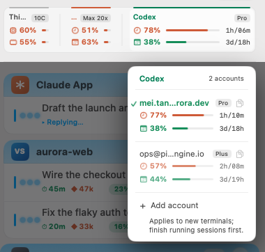 The Codex account panel open the same way, with two remembered addresses, their plan badges and the same pair of quota bars.