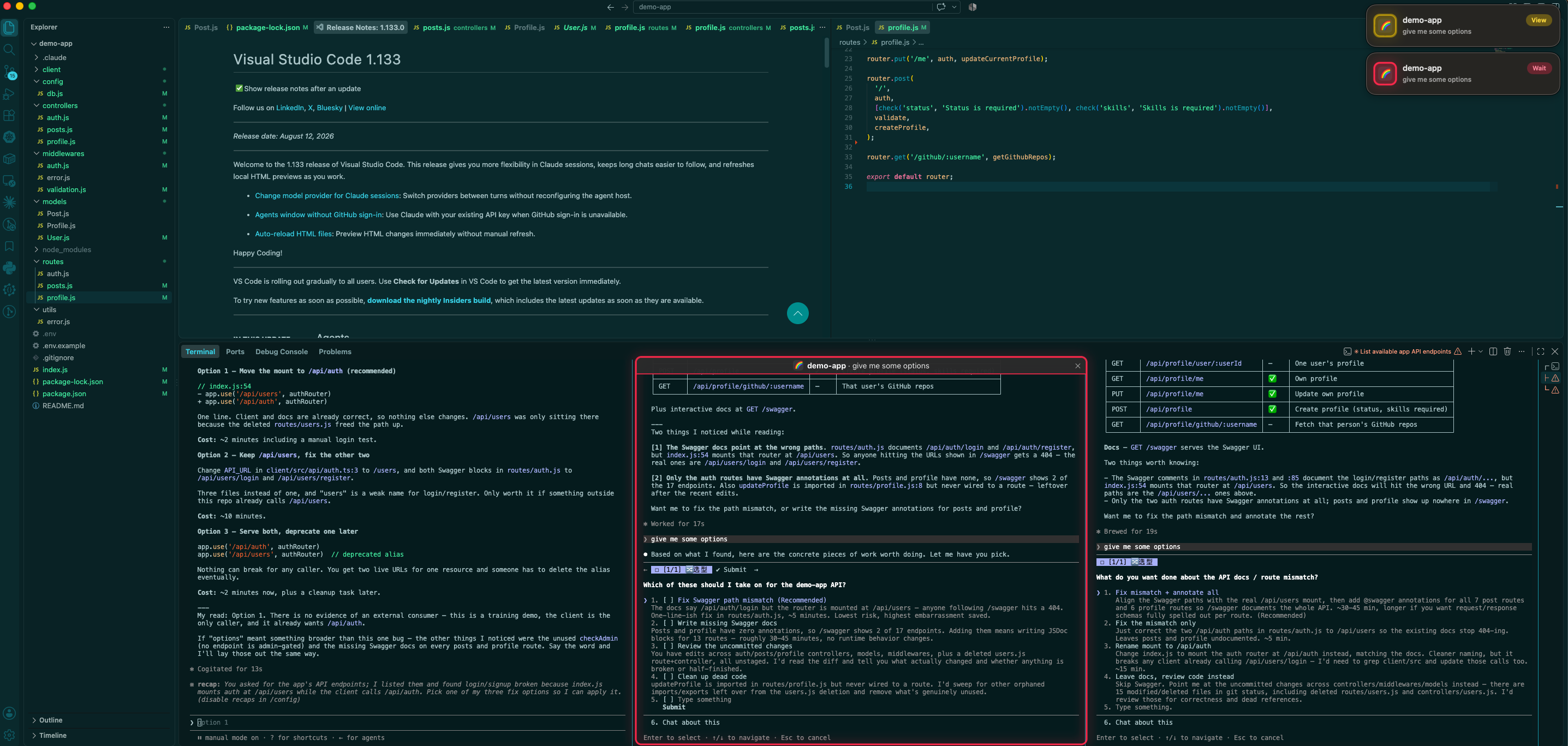 A VS Code window with three integrated terminal panes open along the bottom. The middle pane is outlined by a bright red breathing ring marking the session just jumped to, and two SpectiX alerts sit stacked in the top-right corner of the screen.