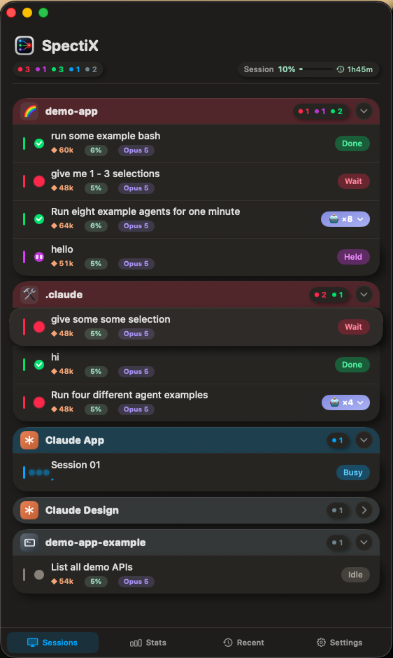 The SpectiX main window on its Sessions tab: sessions grouped under the project window they belong to, each group header carrying a count per status, and each row showing elapsed time, tokens used and the model it is running on.